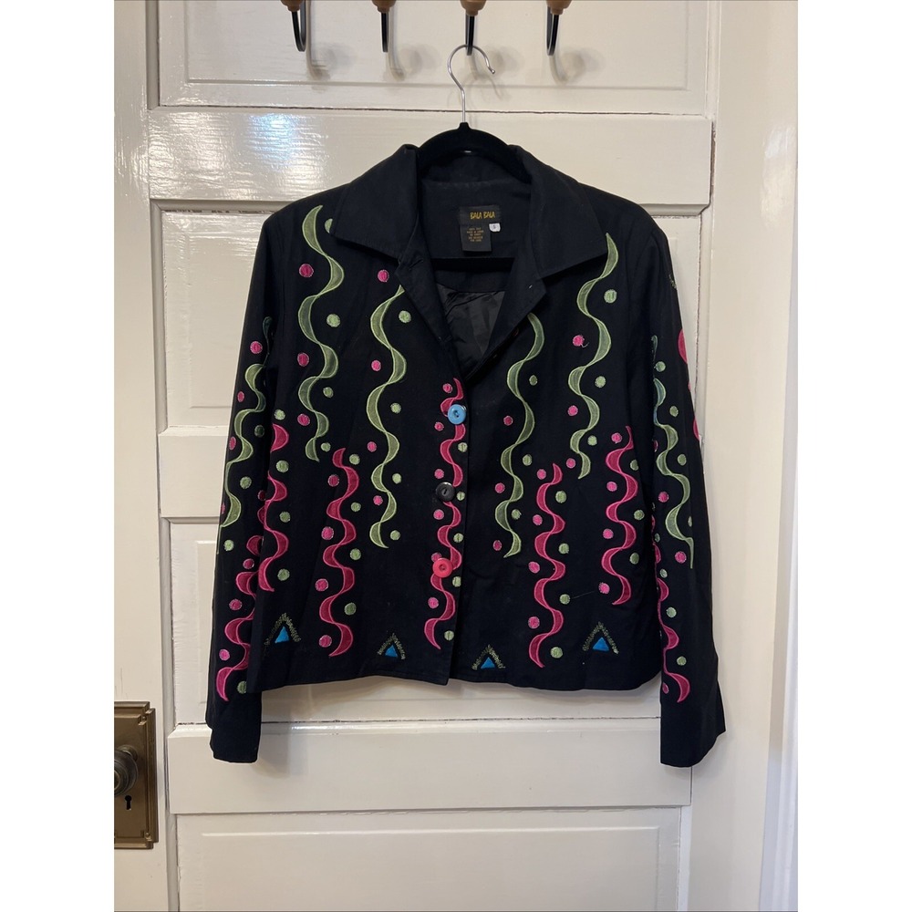 Bala Bala Black Geometric Embroidered Button Front Jacket Shirt Sz S Art To Wear